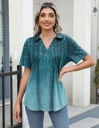 Zeagoo Womens Short Sleeve Polo T Shirts Pleated V Neck Tee Collared Summer Tops Fashion Business Casual Work Blouse2