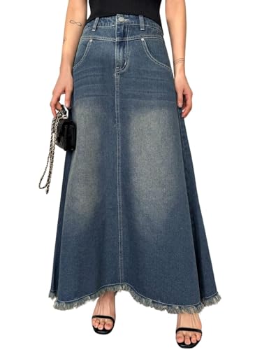 Image of GRECIILOOKS Women's High Waist White Denim Skirt with Front Slit - Long Maxi Jean Skirt Casual Fashion - Stylish Denim Skirts for Women