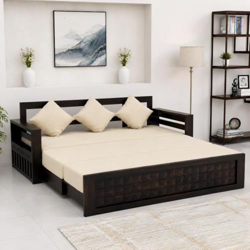 Image of SONA ART & CRAFTS Diamond Sheesham Wood Sofa Cum Bed 3 Seater with Storage and Side Pockets for Living Room Organizer Furniture Sofa Bed Home, Bedroom (Walnut Finish)