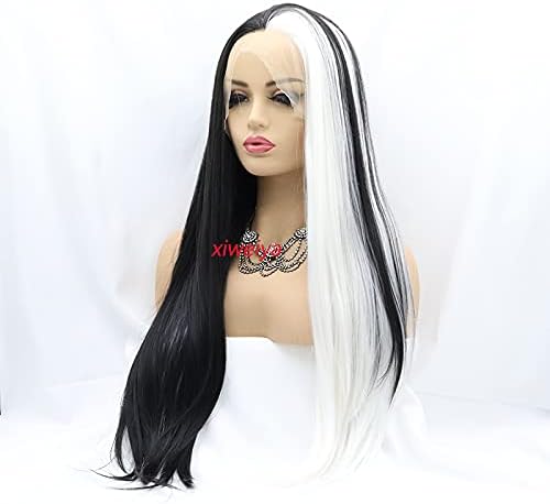 xiweiya Black/White Lace Front Wigs Long Silky Straight Black White Mermaid Glueless Lace Front Wig Heat Resistant Fiber Natural Hairline Wig 24inch for Women - Image 4