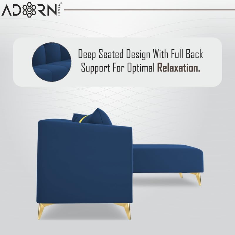 Image of Adorn India Premium Mystic - 3 Years Warranty - L Shape 5 Seater Sofa Set Velvet Suede Fabric - Blue