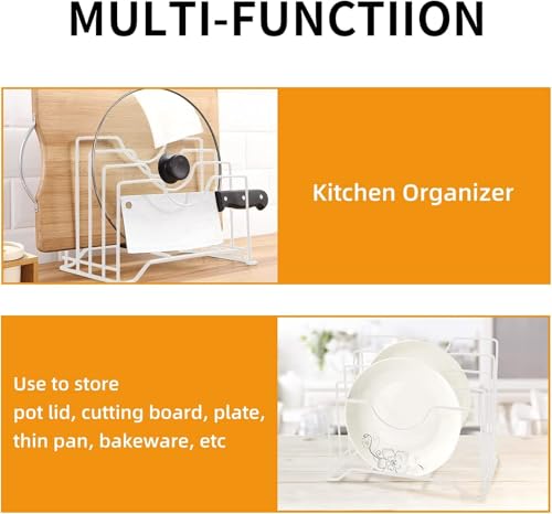 Image of Pan & Pot Lid Organizer Rack - Multifunctional Cookware for Cabinet, Pantry Chopping Board Holder, Space-Saving Kitchen Organizer, Black (L-9 x W-7 x H-9 in (PAN RACK WHITE)