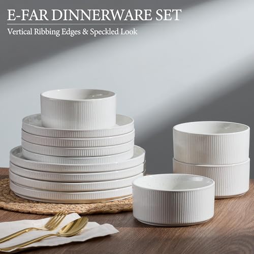 Image of E-far 24-Piece Stoneware Dinnerware Sets, Plates and Bowls Sets for 8, Kitchen Modern Dinning Porcelain Dishes Set, Chip & Scratch Resistant, Dishwasher & Microwave Safe, Speckled White