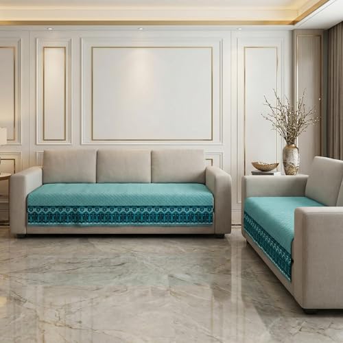 Image of Velvet Quilted Sofa Cover Mat Seat & Back, 3+2 Set, Total L115in H32in (3+2), Italian Blue Color,Anti Skid Backing, 6in Hanging Strap Design, Washable, Style -ItalianBlue-S32