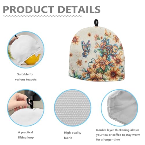 Image of Vintage Floral Butterfly Teapot Cozy Tea Cozies Double Insulated Keep Tea Warm Tea Pot Cozies Teapot Dust-Proof Cover Perfect for a Traditional English High Tea Experience