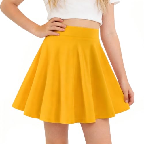 ZFZDRen 3-14Y Girl Solid Color Flared Skater Skirt with Pocket Elastic Waist A-Line Skirt for Kids Cotton Blend Casual Skirt (Yellow 11-12Y)