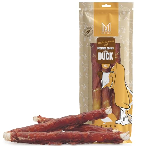 MERSJO Hundeleckerlis XXL Beefhide Kaustangen mit Entenbrust, 240g, 24-25 cm, für mittelgroße bis große Hunde