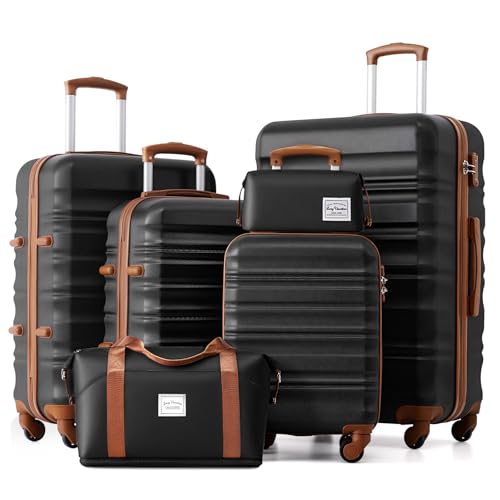 LONG VACATION 6 Piece Luggage Set Carry on Suitcase with ABS+PC hardshell, Spinner Wheels & YKK Zipper TSA Lock (BLACK-BROWN, 6 piece set)