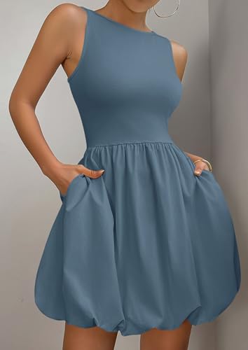 Image of PRETTYGARDEN Summer Dresses for Women 2026 Casual Mini Short Cocktail Dress Sleeveless Tank Crew Neck Bubble Sundress Pockets