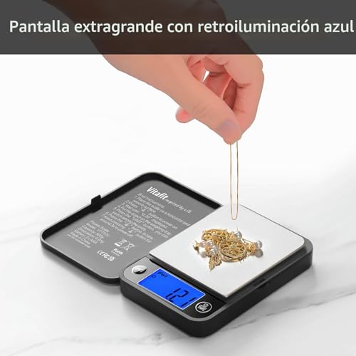 Miniatura 7 de Vitafit Báscula De Precisión Digitale Para Joyería Cocina Alimentos 500g X 0,01g, Balanza De Portátiles Multifuncional Con Pantalla Lcd Retroiluminada, Báscula Digital De Bolsillo, Negro