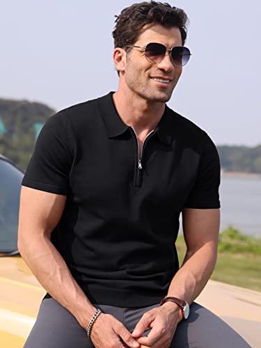 Rqp Mens Knit Polo Shirt Short Sleeve Zipper Vintage Clothing 1/4 Quarter Zip Pullover Athletic Golf T Shirt Casual Stylish Fashion Designer Tee Shirt 70S Design Summer Collared Tshirts,Black,X-Large #TOP2