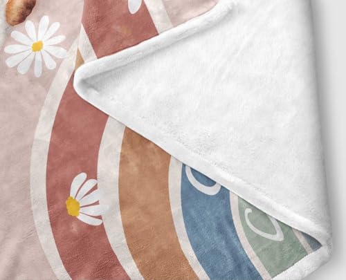 Image of Boho Rainbow Woodland Animal Flannel Throw Blanket, Cute Bear Fox Deer Raccoon Daisy Heart Cozy Decor Blanket for Couch Bedroom Camping, Gift Blanket for Kids Nursery Fans,60X70 Inch