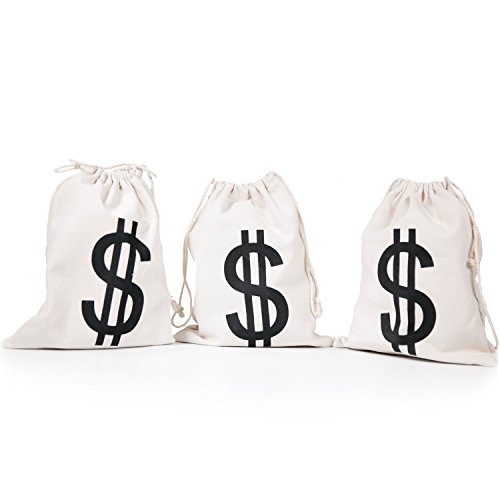 PAUBOLI Dollar Sign $ Money Bag 8 x 10 Inches (3pcs/Pkg) Canvas Drawstring Bag Bank Robber Bag Bag