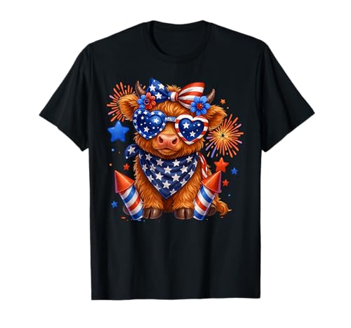 Cute Highland Cow 4th of July USA Flag Patriotic Cow Farmer T-Shirt