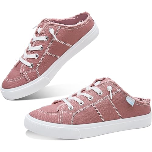 Obtaom Women Canvas Mules Memory Foam Clipper Fashion Sneakers Comfortable Slip On Mule Backless Holiday Shoes(Taupe,US7)