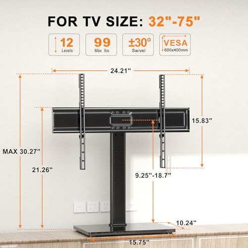 XINLEI Universal Swivel TV Stand Base Table Top TV Stand for 32-75 Inch TVs 60 Degree Swivel, 12 Height Adjustable Monitor Mount Stand, Max VESA 600x400mm,Holds up to 99lbs TS204 by XINLEI - Image 4