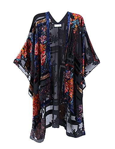Image of Women's Burnout Velvet Kimono Long Cardigan Cover Up Casual Outfit
