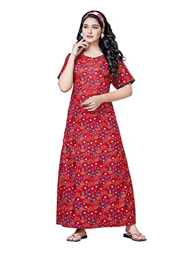 Image of PNAEONG Women's Printed Cotton Nighty, Gown Maxi - Free Size Red