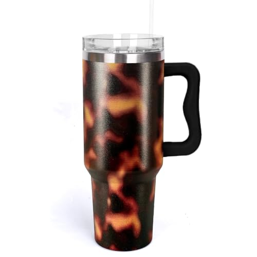 Whaline 40 Oz Tumbler with Handle Straw and Lid Stainless Steel Travel Mug Tortoiseshell Leopard Print Reusable Coffee Cup for Women Friend Holiday Birthday