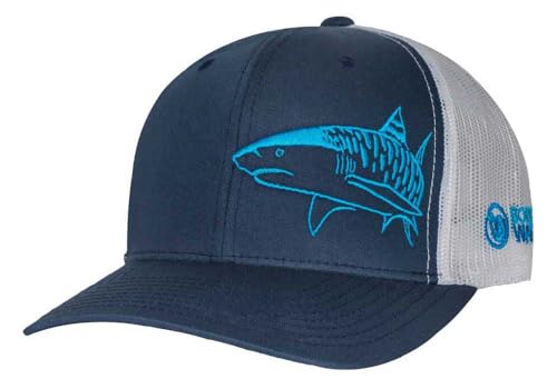 Tiger Shark Scuba Diving Trucker Hat: Mens Adjustable Snapback for Fishing Spearfishing - Navy/White