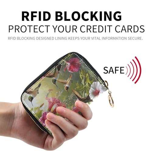 Hummingbirds Pink Flowers Garden Women Wallet Leather Credit Card Holder RFID Blocking Print Zipper Coin Purse with Key Ring2
