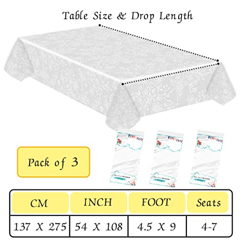 Image of SietDESEO 3 Pack Plastic Lace Tablecloths for Rectangle Tables, 54 x 108 inches, Waterproof Disposable Table Covers for Wedding, Party, Birthday, Camping, White, 10 Seating Capacity