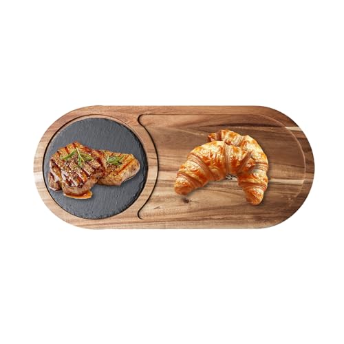 YCBTREE Bandeja de pizarra, tabla de servir, plato de aperitivos de madera de acacia y pizarra, plato para aperitivos, plato para carne, queso, sushi, hamburguesas (ovalada)