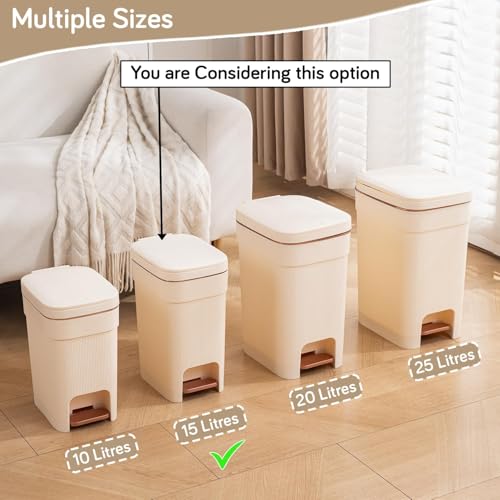 Image of HOKIPO Press-Top & Pedal Dustbin with Lid | Plastic Lightweight Step-On Trash Bin with Silent Soft-Close Lid & Bag Holder Ring | 15 Litres, Cream (NEW-AR-6195)