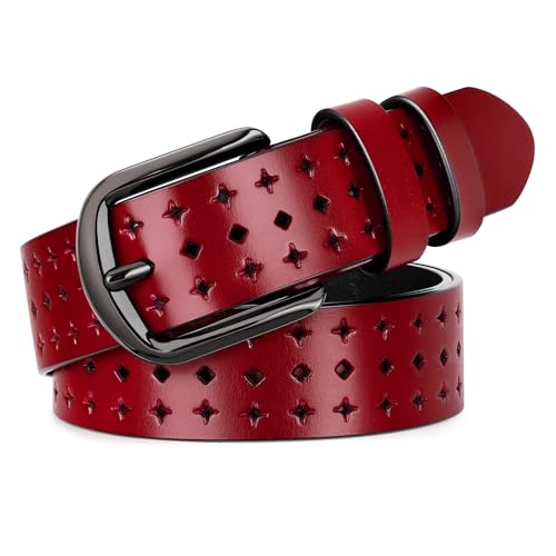 XZQTIVE Hollow Genuine Leather Belts for Women with Pin Buckle Fashion Casual Waist Belt for Jeans Dress Pants - Black Buckle Red 110cm
