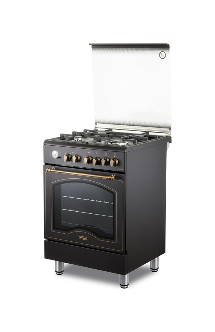 De'Longhi PEMA 664 CLSG Kuchenka Gazowa 60 cm Piecyk Elektryczny Wielofunkcyjny 4 Palniki Podwójna Korona Ruszty Żeliwne Easysteam Idroclean Czarna Klasa Energetyczna A