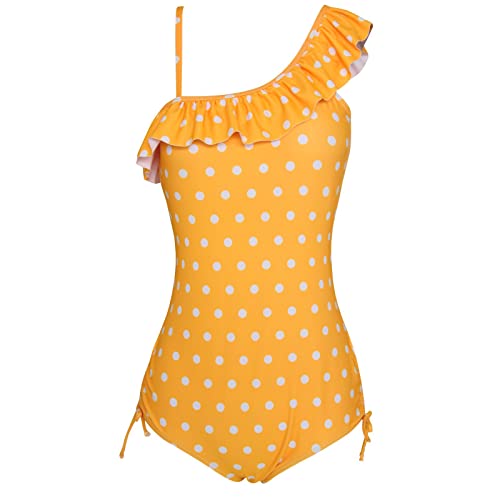 Image of Girls Lemon Double Ruffle One Shoulder Adjustable Swimwear Fashionable One Piece Bathing Suit(5y-16y)