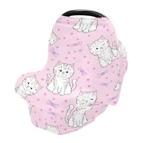 Nesatuwa Baby Car Seat Cover Cute Cartoon Cat Breastfeeding Covers Stretchy Breathable Multi-Use Cover Carseat Canopy for Girls and Boys
