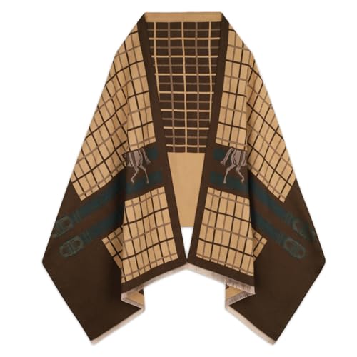 EXTREE Scarfs for Women Pashmina Silky Shawl Wrap for Evening Dressing Blanket Open Front Poncho Cape Aht-ochre-dark Brown-lattice