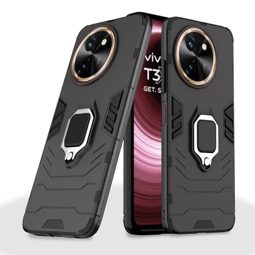 Image of Pikkme Vivo T3x 5G / Vivo Y200i 5G Back Cover | D5 Tough Armor Bumper | 360 Protection Case | Ring Holder Stand Case for Vivo T3x 5G / Vivo Y200i 5G (Black)