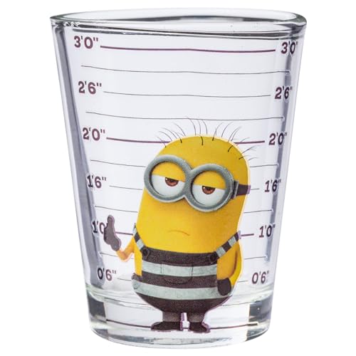 Image of Silver Buffalo Minions Despicable Me Mug Shot Featuring Bob, Stuart, Tim, and Dave 4 Pack Mini Glass Set, 1.5 Ounces