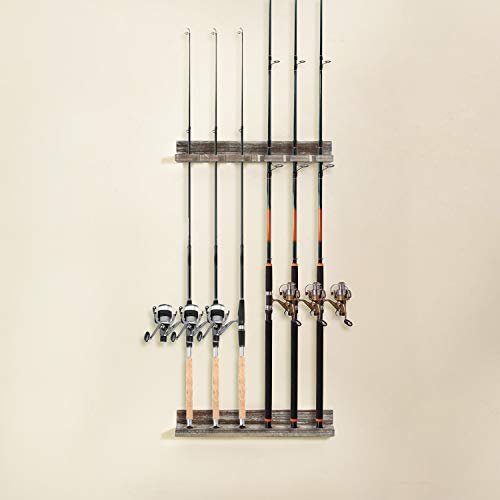 Mygift Wall Mounted Fishing Rod Rack, Torched Wood Vertical Fishing Pole Holder Adjustable Storage Rack Holds 6 Rods #TOP1