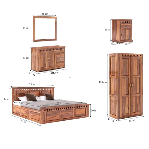Image of SONA ART & CRAFTS Kuber Solid Sheesham Wood Bedroom Set | King Size Bed with Box Storage, Wardrobe, Chest of Drawer & Two Bedside Tables - Natural Finish (Assembly Included)