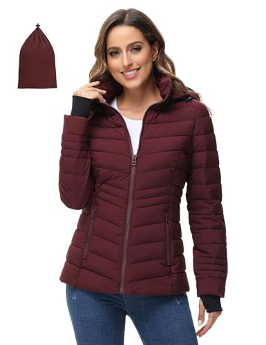 ROYAL MATRIX Women's Packable Puffer Jacket, Lightweight Puffer Jacket Winter Warm Quilted Puffer Jacket with Detachable Hood, Wine Red, X-Large