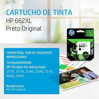 Cartucho HP 662XL Preto Original (CZ105AB) Para HP DeskJet 2516, 3516, 3546, 2546, 1516, 4646, 2646