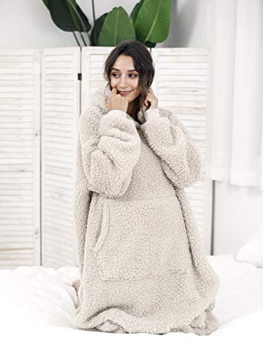 ililmmoe Sherpa tragbare Decke Übergroße Hoodie Sweatshirt TV Decke mit Langen Ärmeln und Tasche-Beige One Size