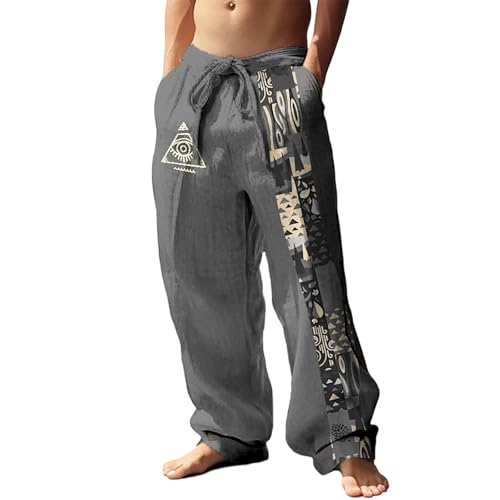 Duohropke Pantalones de lino para hombre de verano, pantalones de playa anchos, pantalones largos de gimnasio, pantalones largos de muselina con bolsillos, cintura elástica, pantalones de yoga
