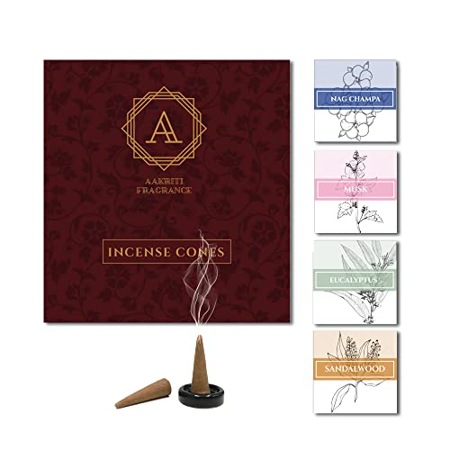 Aakriti Masala Lot de 80 cônes d'encens naturels pour la méditation, l'aromathérapie et le yoga (Nag champa, bois de santal, musc, eucalyptus) Cover