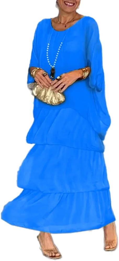 Women's Summer Elegant Artistic Chiffon Wedding Guest Maxi Dress 2 Piece Set Loose Cocktail Party Formal Long Dress