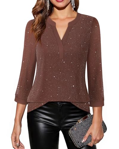 Image of Timeson Women's Short Sleeve V Neck Blouses Shirts Floral Double Layers Mesh Tunics Tops