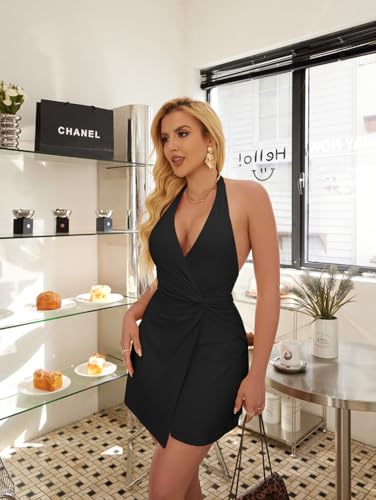 Image of XXTAXN Women's Sexy Halter V Neck Sleeveless Backless Twist Front Ruched Going Out Mini Dress Black