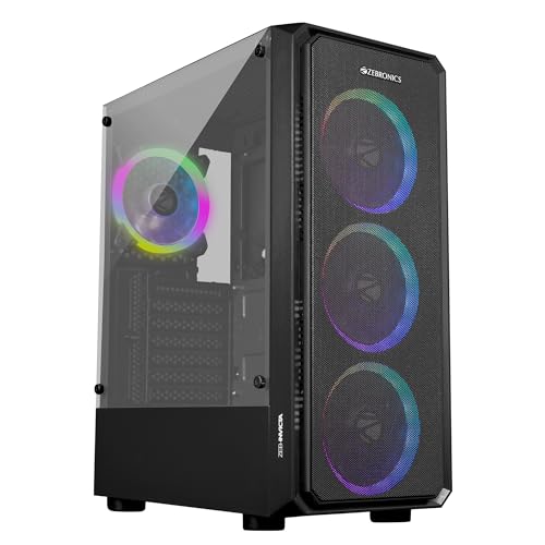 Image of ZEBRONICS Invicta Mid-Tower Premium Gaming Cabinet ATX /MicroATX /MINI ITX, 3X 120mm Front + 1x 120mm Rear Fan, Halo Glow Ring RGB Fans, RGB LED Modes, Tempered Glass Side Panel