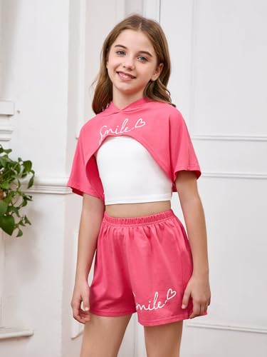Image of SweatyRocks Girl's 3 Piece Outfits Letter Print Short Sleeve Hooded Tops and Cami Tops with Shorts Set