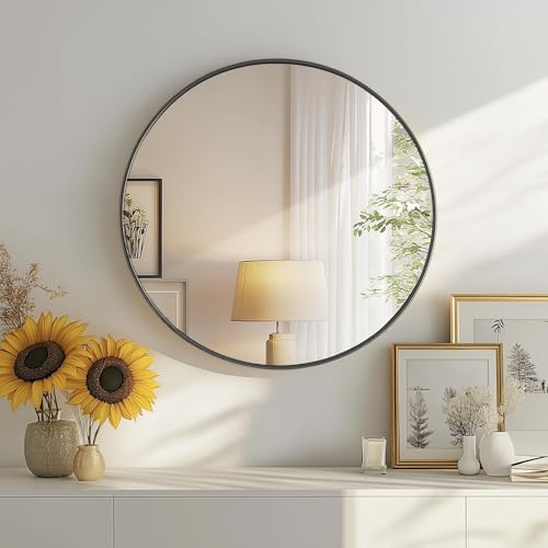 Image of DUMOS Black Circle Mirror for Wall 20.02 inch, Bathroom Round Wall Mirror for Over Sink, Bathroom, Entryway, Bedroom, Vanity, Shatterproof& Crystal-Clear