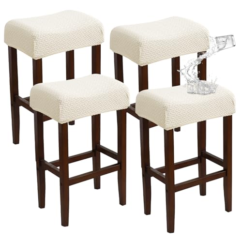 Image of Waterproof Bar Stool Covers Set of 4 Rectangle Beige Jacquard Stretchable Backless Barstool Seat Cover Counter Bar Stool Slipcovers Washable