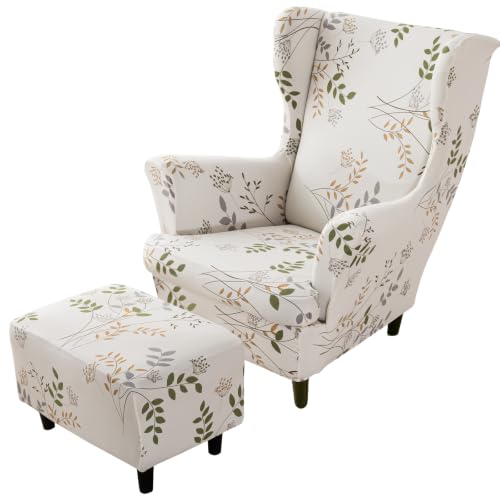 HAOYONG Stretch Wing Chair Cover Set Ottoman Slipcover 2 Pieces Wingback Chair Slipcover and and 1 Piece Rectangle Storage Stool Cover Removable Armchair Sofa Covers for Living Room Bedroom
